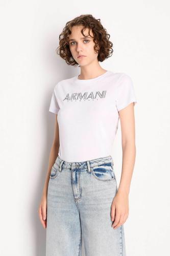 Armani Exchange γυναικείο βαμβακερό T-shirt μονόχρωμο με logo print με ριγέ σχέδιο - 6RYT29YJG3Z Λευκό XS